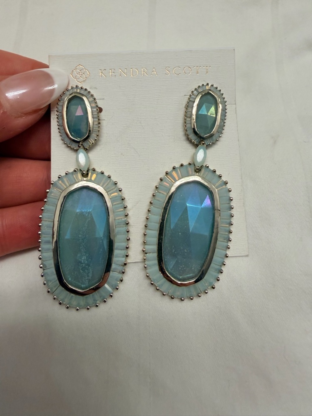 Kendra Scott Khaki Iridescent Amazonite Drop Statement Earrings - VERY RARE